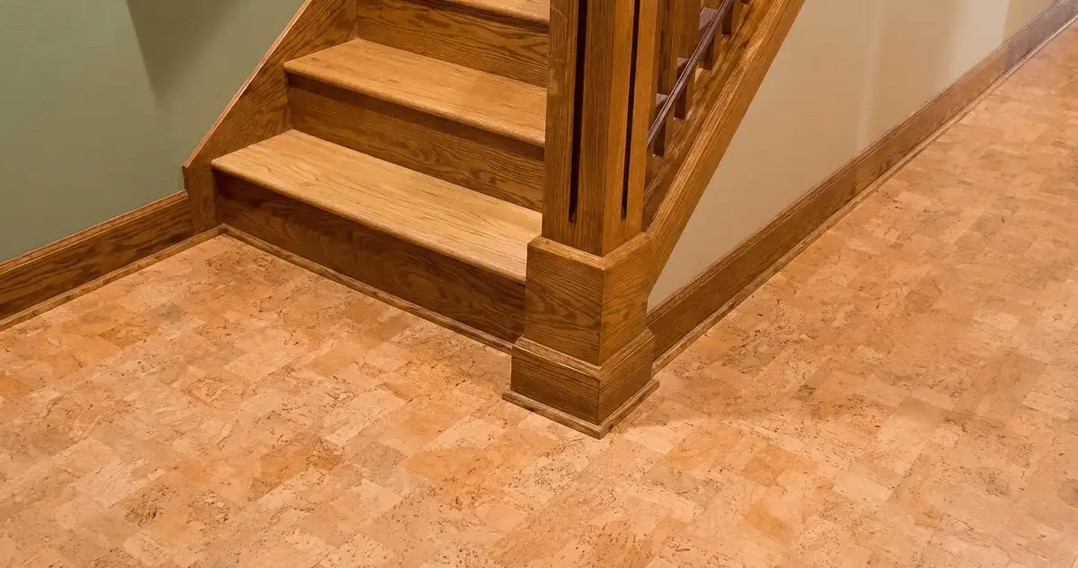 End of a staircase with cork flooring in Portland, OR