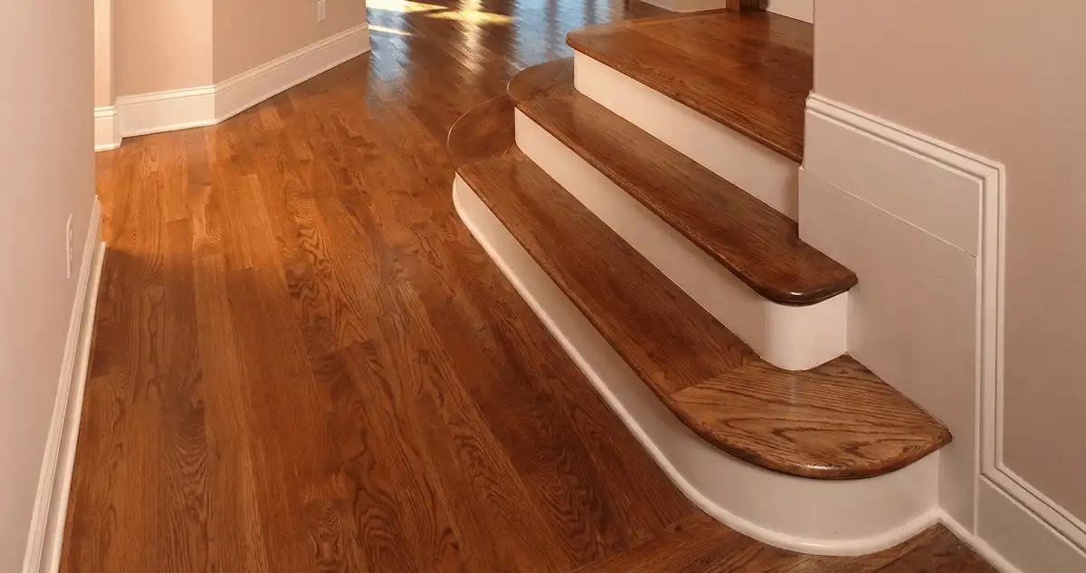 Base floor of a staircase with professionally restored wood flooring in Portland OR