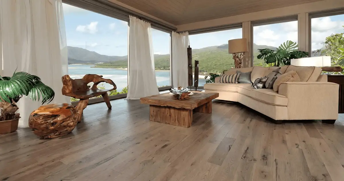 Professionally installed vinyl flooring in a modern living room with large windows in Portland, OR